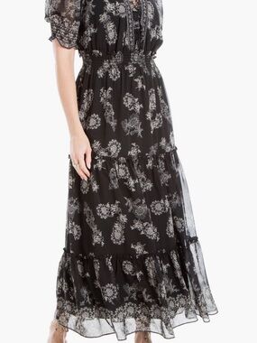 Max Studio Black Floral Midi Dress Boho Tiered Ruffle V Neck Flowy L